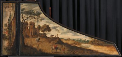 Painting on a Harpsichord Lid with a Hilly Landscape and Travellers by Gerard van der Horst (copy after)