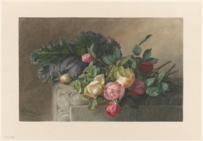 Still Life with Roses and Cabbage Leaf by Gerardina Jacoba van de Sande Bakhuyzen