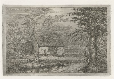 Couple with Dog by Barn, The Barn of the Forester in The Hague by Gerardus Emaus de Micault