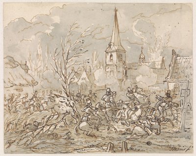 Cavalry Battle at the Capture of a Village by Gerardus Emaus de Micault