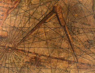 Terrestrial Globe, detail of the Pacific Ocean with a large pair of dividers by Gerardus Mercator