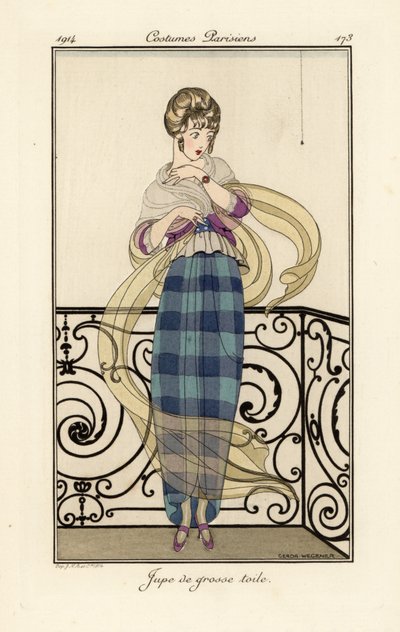 Woman in a large toile skirt, looking afraid of a spider by Gerda Marie Frederike Wegener