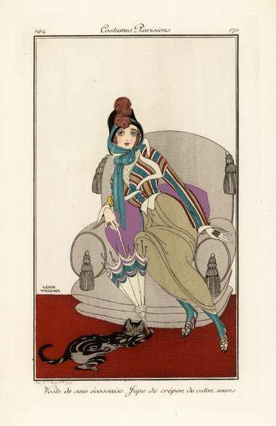 Woman in vest of Scottish silk vest, crepe cotton skirt by Gerda Marie Frederike Wegener