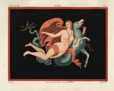 A Nereid (Sea Nymph) in Mantle and Bracelets Riding on a Sea Monster or Hippocampus, Half Horse and Half Fish. Museo Naz. XXII, Stabiae. Drawn and Chromolithographed by Victor Steeger from Emile Presuhn (1844-1878) The Most Beautiful Paintings of Pompeii by Geremia Discanno