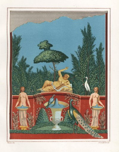 Wall Painting of Bacchus with Peacocks and Fountains from a Garden Wall in the House of Romulus and Remus (Chromolithograph by Victor Steeger after an Illustration by Geremia Discanno from Emile Presuhn
