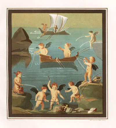 Wall painting of cupids playing, fishing, sailing from a cubiculum in the House of the Restaurant (Casa di Lupanare Piccolo) by Geremia Discanno