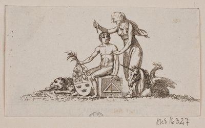 Vignette with woman, seated young man, and unicorn by Gerhard Ludvig Lahde