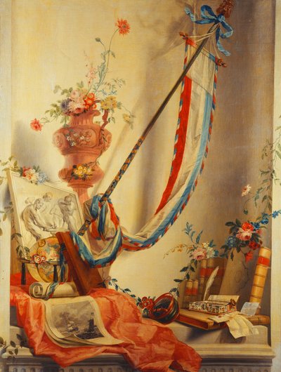 A Banner, Flowers in an Urn, a Relief, a Globe, a Print, a Compass, a Writing Set, Letters and Blaeu