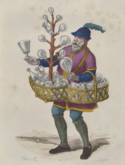 Glass and Crystal Seller in the Fifteenth Century, from Costumes de Paris a Travers les Siecles published 1887 by Gerlier