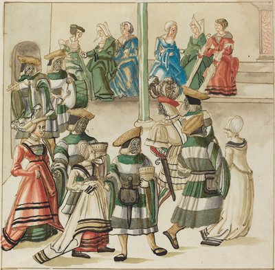 Three Dancing Couples Led by Two Knights in Room with Column by German 16th Century