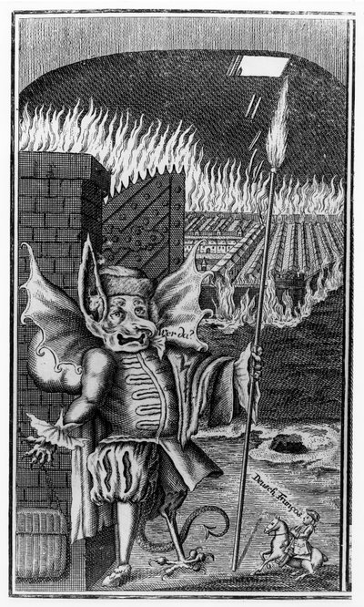A Devil guarding a city in flames by German School