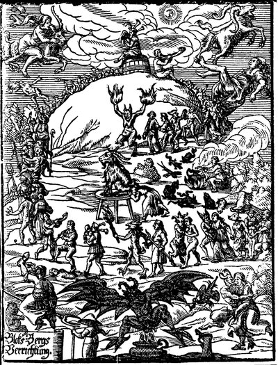 A Sabbath Ceremony, a Goat Representing the Devil is in the Centre, Surrounded by Witches and Demons. German Engraving of the 16th Century by German School