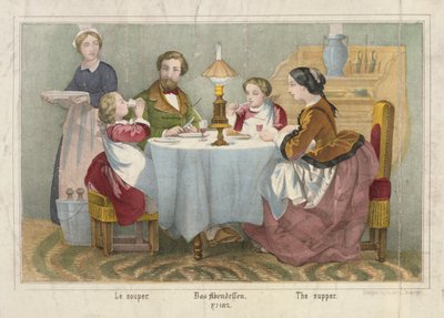 A Family at Their Evening Meal, Pictorial Broadsheet Published by Haider & Cronberger, Stuttgart, 1860 by German School