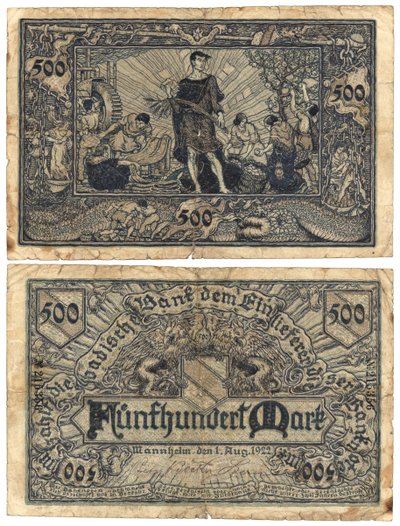 A Five Hundred Mark Banknote, 1922 (recto and verso) by German School