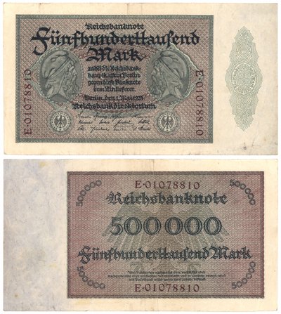 A Five Hundred Thousand Mark Banknote, 1923 (recto and verso) by German School
