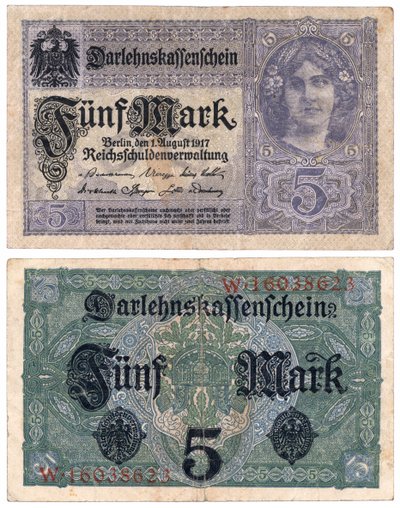 A Five Mark Banknote, 1917 (recto and verso) by German School