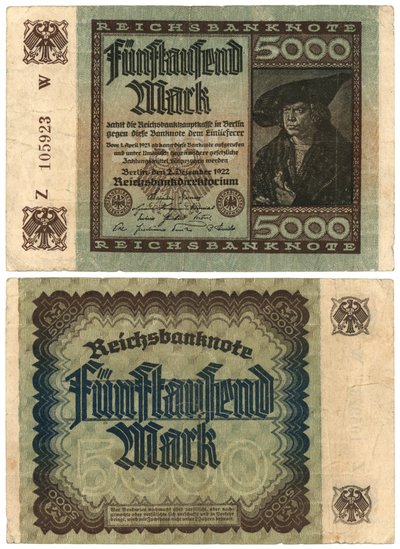 A Five Thousand Mark Banknote, 1922 (recto and verso) by German School