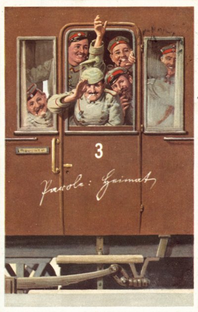 A Group of German First World War Soldiers Waving from a Railway Carriage by German School