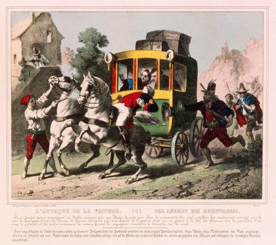 A Honeymooning Couple Attacked by Highwaymen in Italy, Pictorial Broadsheet Published by Gangel & P. Didion, Metz, c.1850 by German School