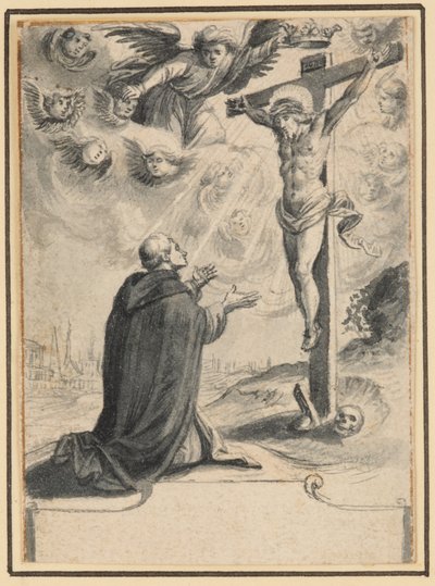 A kneeling friar before a vision of Christ on the cross by German School