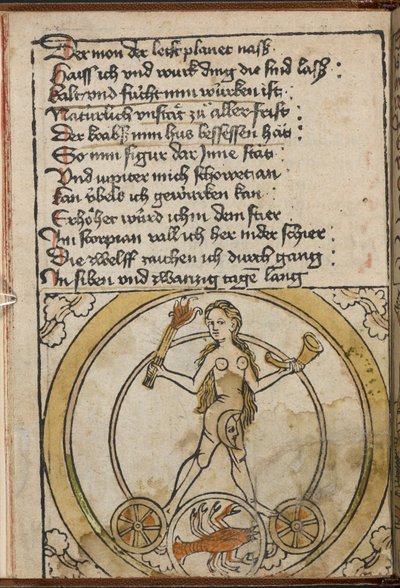 A naked female figure holding a burning torch. A scorpion representing Scorpio. by German School