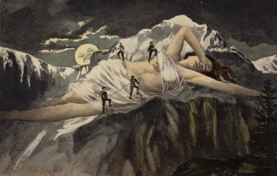 A naked woman on a mountainside being climbed by mountaineers while the moon looks on by German School