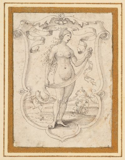A scrolled shield with the image of a nude woman standing in a landscape, perhaps an allegory of Pride by German School