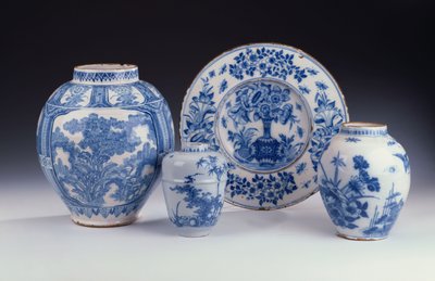 A selection of Frankfurt blue and white ceramics in a Chinese style, c.1680-90 by German School