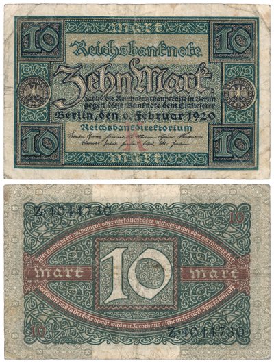 A Ten Mark Banknote, 1920 (recto and verso) by German School