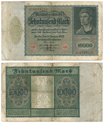 A Ten Thousand Mark Banknote, 1922 (recto and verso) by German School