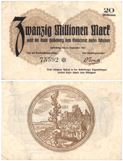 A Twenty Million Mark Banknote, 1923 (recto and verso) by German School
