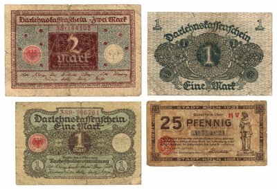 A Two Mark Banknote, Two One Mark Banknotes and a Twenty Five Pfennig Banknote, 1920-21 by German School