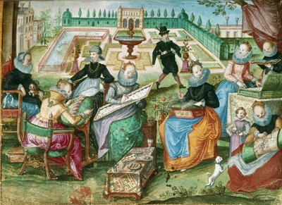 Ladies seated at their embroidery, from the 