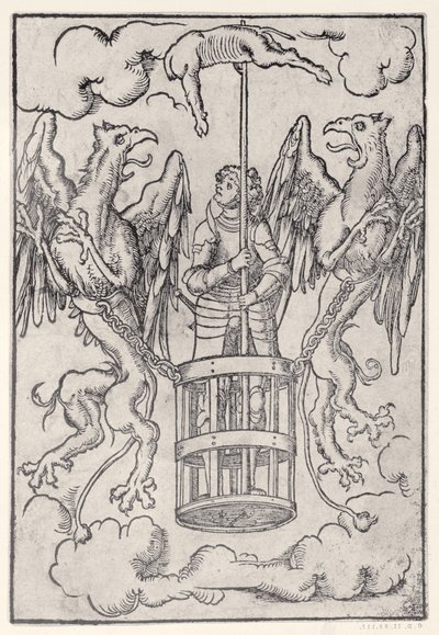 Alexander the Great carried into the air by two griffins by German School
