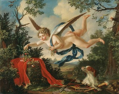 Allegories of Love - Cupid Gathering Flowers in a Landscape by German School