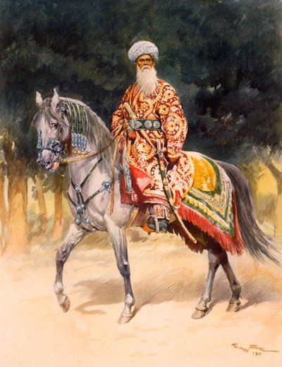 An Armed Warrior Mounted on a Turkoman Horse in Traditional Dress by German School