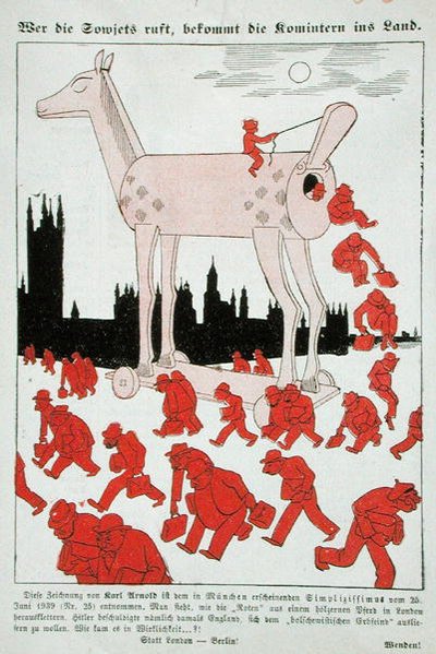 Anti-Bolshevik Cartoon of the Third Reich Depicting the Bolsheviks Escaping from a Trojan Horse into London by German School