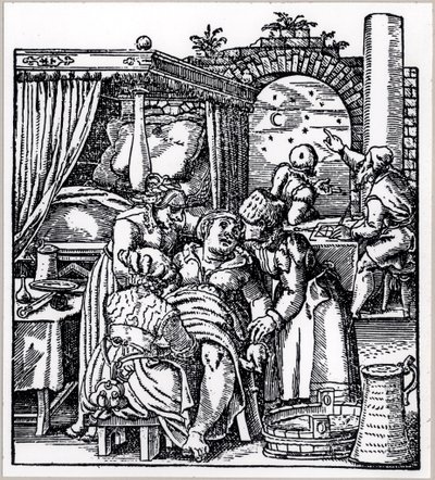 Astrologers Casting a Horoscope for the Child Being Born to a Woman in a Birth Chair, from De Conceptu et Generatione Hominis by Jacob Rueff, Published in Frankfurt, 1587 by German School