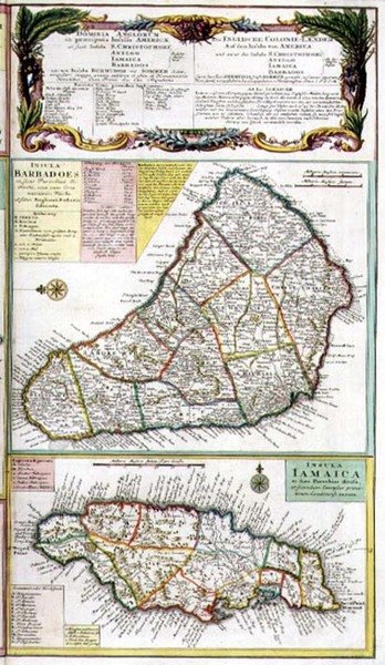 Barbados and Jamaica, detail from a map of English Colonies in the Caribbean, pub. by Homanns Heirs, Nuremberg, c.1750 (detail) by German School
