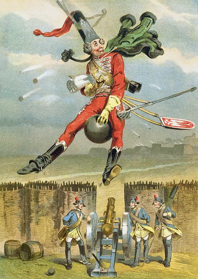 Baron Munchausen flying over the enemy lines on a cannon ball, illustration from a German edition of The Adventures of Baron Munchausen by German School