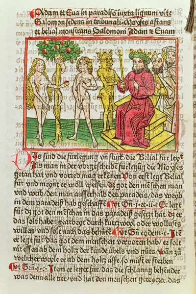 Belial Presenting Adam and Eve to Solomon (illustration from a German translation of Das Buch Belial, 1473) by German School