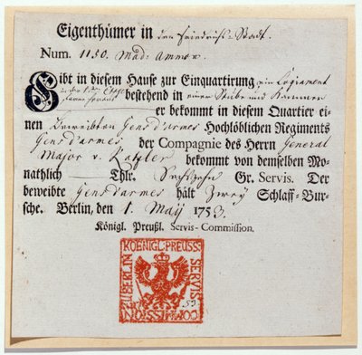 Billeting voucher, 1759 by German School