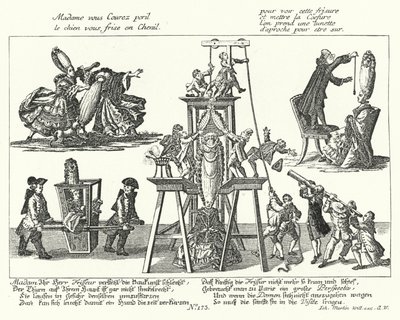 Caricature on the excessively tall wigs worn by fashionable women in the 18th Century by German School