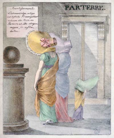 Cartoon ridiculing the fashion for ladies to wear enormous hats by German School