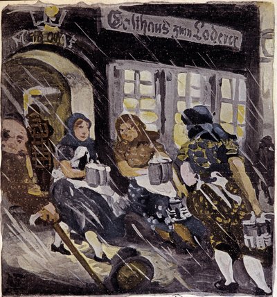 Characters on the terrace of the Brewery Max Feldbauer under the snow, Munich, Germany. Engraving from 1905 by German School