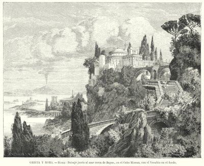 Coastline of the Bay of Naples from the Ancient Roman Town of Baiae, Cape Miseno, with Vesuvius in the Distance by German School