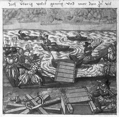 Constructing a Bridge on Water, illustration from LArt de lArtillerie by Wolff de Senftenberg, late 16th century by German School