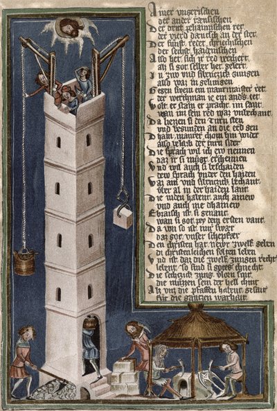 Construction of the Tower of Babel, copy of a 15th century manuscript by German School