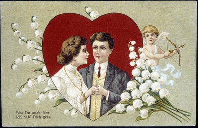 Couple of lovers in a heart surrounded by lily of the valley and Cupid (Eros) - German postcard, 20th century by German School