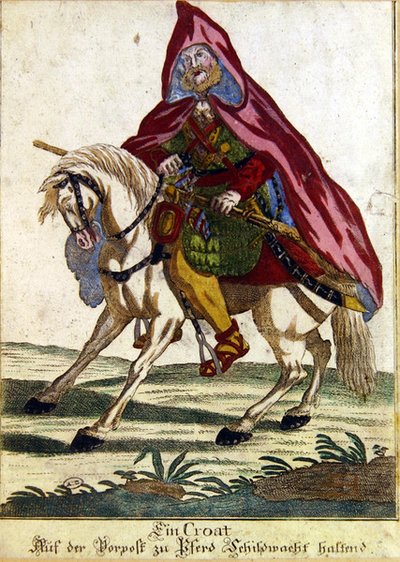 Croat Warrior on a horse by German School